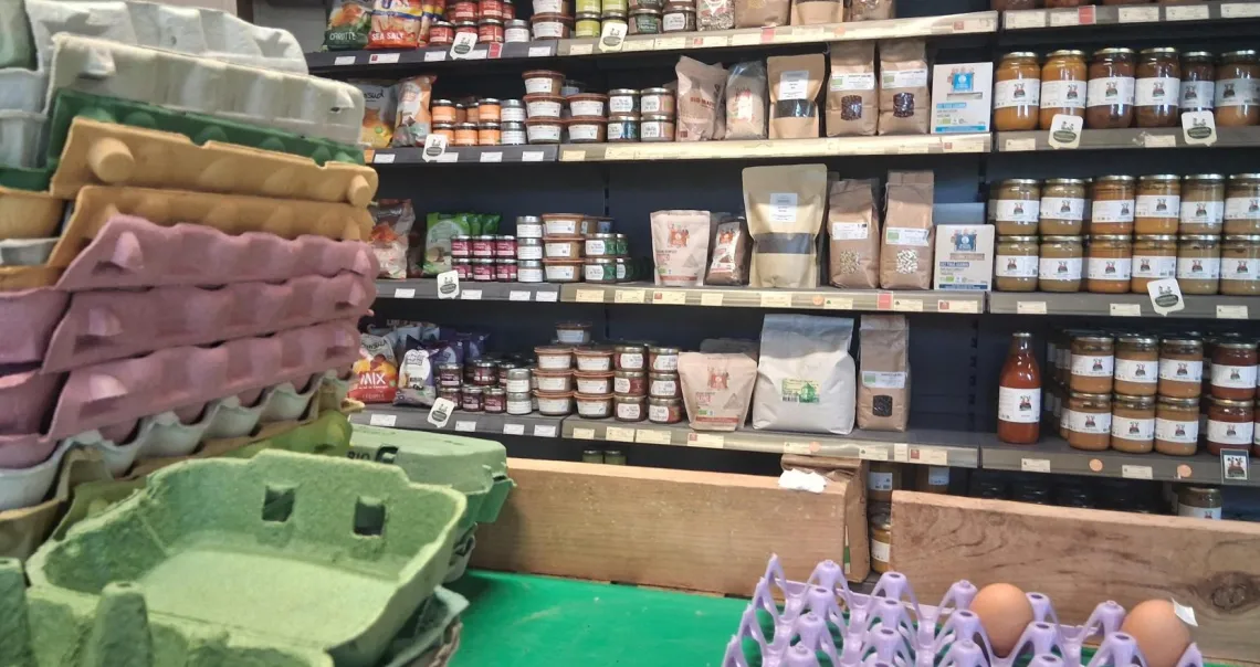 Etales de conserves et œufs dans la boutique