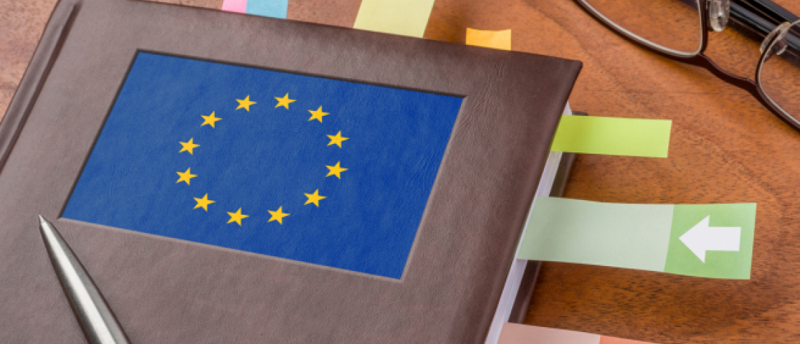 Image d'un dossier orné du drapeau de l'UE, agrémenté de nombreux post-it