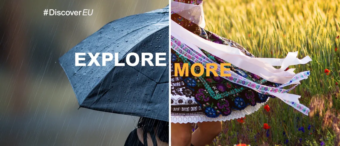 L'image, scindée en deux parties complémentaires, présente deux lieux différents : un parapluie sous une averse et une femme en robe au milieu d’un champ