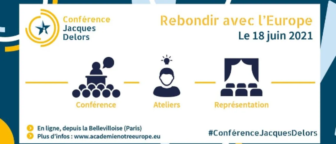 Image présentant les informations nécessaires à la conférence "Rebondir avec l’Europe" de Jacques Delors 