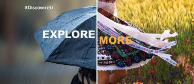 L'image, scindée en deux parties complémentaires, présente deux lieux différents : un parapluie sous une averse et une femme en robe au milieu d’un champ