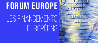 Image présentant l'inscription : Forum Europe 2021 sur les financements européens, avec les étoiles de l'Europe et des pièces en euros.